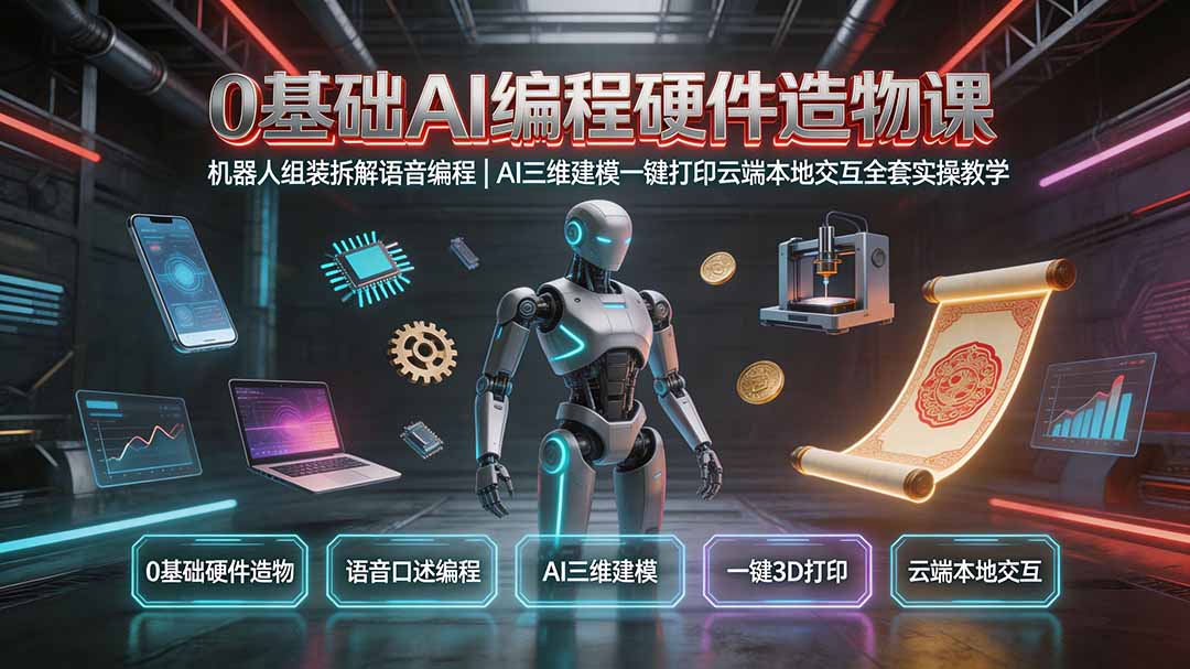 0基础AI编程硬件造物课|机器人组装拆解语音编程,AI三维建模一键打印云端本地交互全套实操教学-800资源网