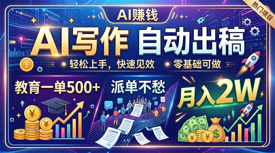 AI写作自动出稿,教育一单500+,派单不愁,月入2W-800资源网