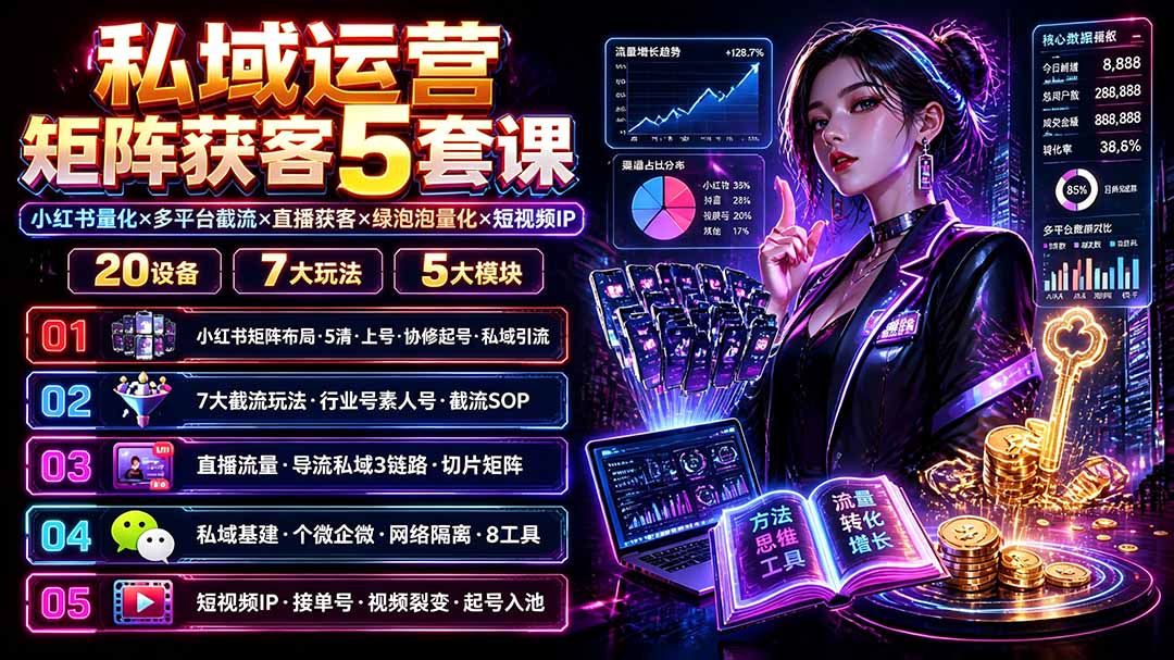 私域运营矩阵获客5套课:小红书量化×多平台截流×直播获客×绿泡泡量化×短视频IP×20设备×7大玩法-800资源网