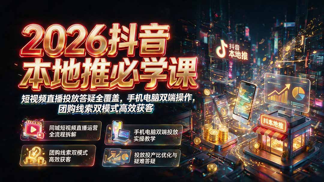 2026抖音本地推必学课|短视频直播投放答疑全覆盖,手机电脑双端操作,团购线索双模式高效获客-800资源网