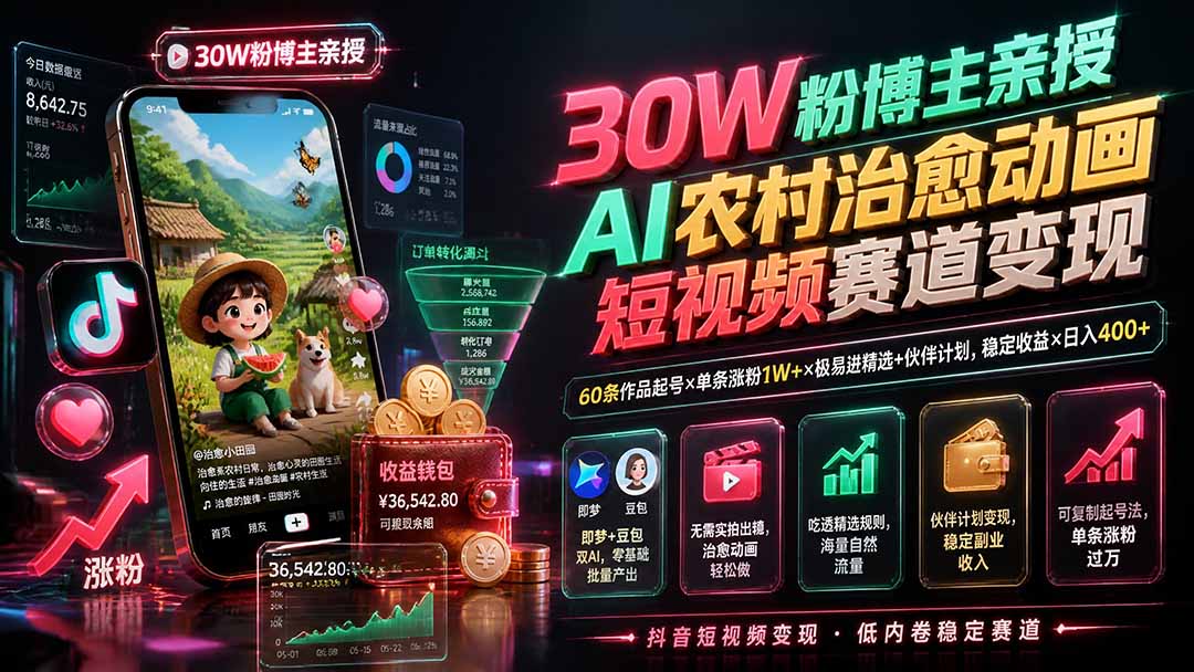 30W粉博主亲授AI农村治愈动画短视频赛道变现：60条作品起号×单条涨粉1W+×极易进精选+伙伴计划，稳定收益×日入400+-800资源网