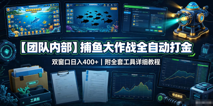 【团队内部】捕鱼大作战全自动打金,双窗口日入400+,附全套工具详细教程-800资源网