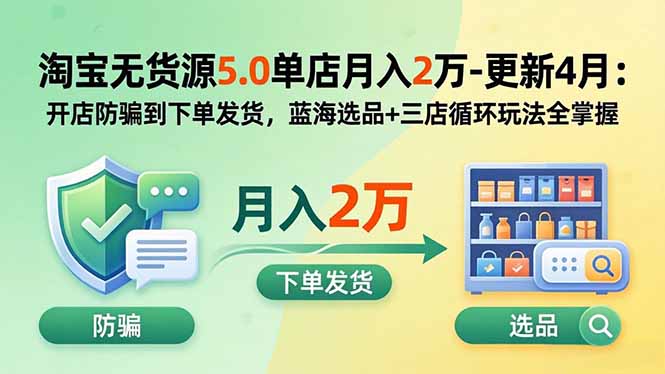 淘宝无货源5.0单店月入2万-更新2026：开店防骗到下单发货，蓝海选品+三店循环玩法全掌握-800资源网