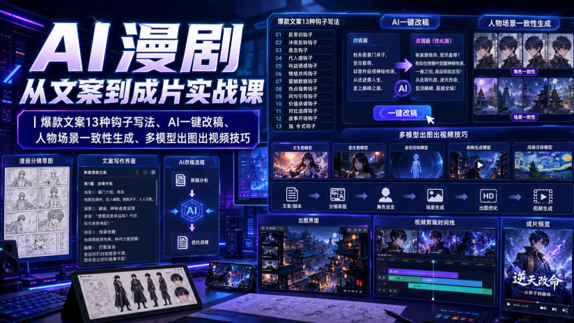 AI漫剧从文案到成片实战课｜爆款文案13种钩子写法、AI一键改稿、人物场景一致性生成、多模型出图出视频技巧-800资源网