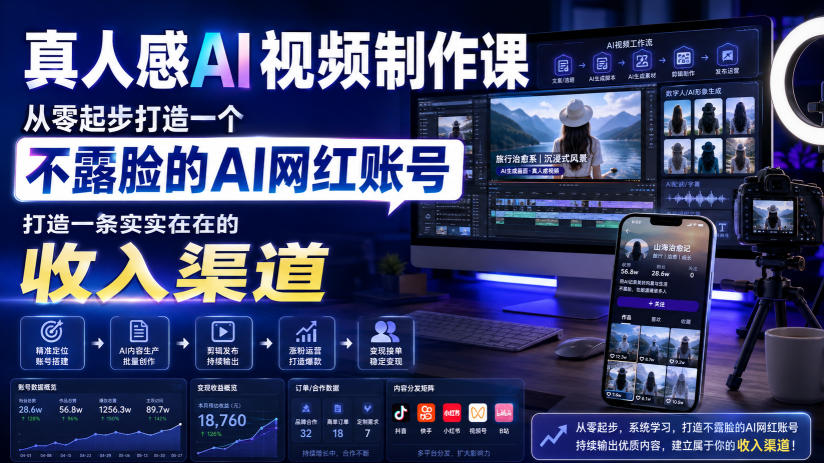 真人感AI视频制作课，从零起步打造一个不露脸的AI网红账号，打造一条实实在在的收入渠道【原创双语字幕】-800资源网