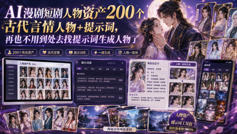 AI漫剧短剧人物资产200个古代言情人物+提示词,再也不用到处去找提示词生成人物了-800资源网