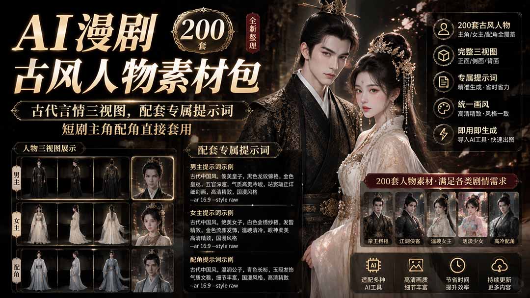 AI漫剧古风人物素材包+提示词|200 套古代言情三视图,配套专属提示词短剧主角配角直接套用-800资源网