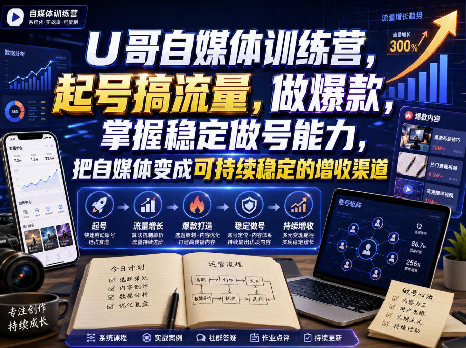U哥自媒体训练营,起号搞流量,做爆款,掌握稳定做号能力,把自媒体变成可持续稳定的增收渠道-800资源网