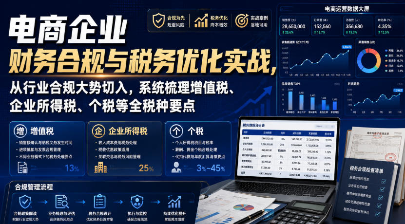 电商企业财务合规与税务优化实战,从行业合规大势切入,系统梳理增值税、企业所得税、个税等全税种要点-800资源网