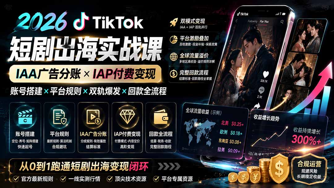 2026TikTok短剧出海实战课:IAA广告分账×IAP付费变现×账号搭建×平台规则×双轨爆发×回款全流程-800资源网