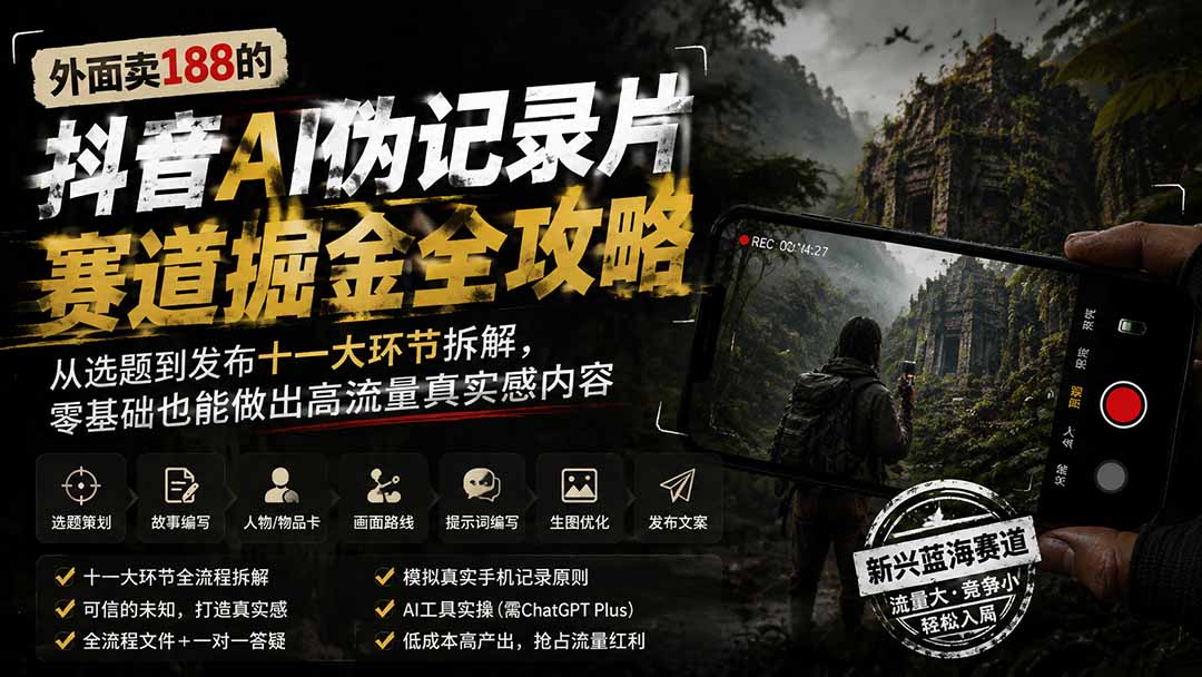 外面卖188的抖音AI伪记录片赛道掘金全攻略;从选题到发布十一大环节拆解,零基础也能做出高流量真实感内容