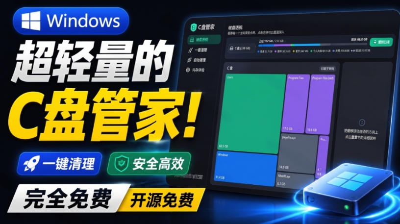 Windows超轻量的C盘管家！超级有特点，支持磁盘分析及清理提醒，2M大小体积，完全免费C盘管家-800资源网
