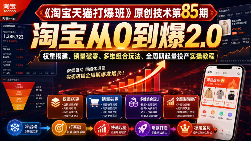 《淘宝天猫打爆班》原创技术第85期，淘宝从0到爆2.0，权重搭建、销量破零、多维组合玩法、全周期起量投产实操教程-800资源网