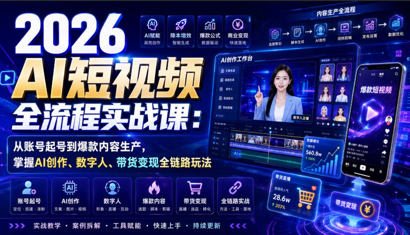2026 AI短视频全流程实战课：从账号起号到爆款内容生产，掌握AI创作、数字人、带货变现全链路玩法-800资源网