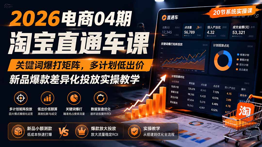 2026电商04期淘宝直通车课|关键词爆打矩阵,多计划低出价,新品爆款差异化投放实操教学-800资源网