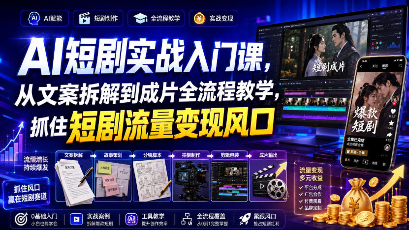AI短剧实战入门课,从文案拆解到成片全流程教学,抓住短剧流量变现风口-800资源网