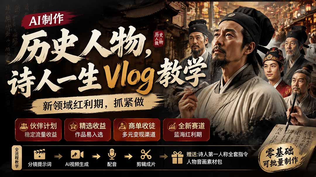 历史人物,诗人一生Vlog教学, AI制作丨伙伴计划丨精选收益丨商单收徒 ,新领域红利期,抓紧做