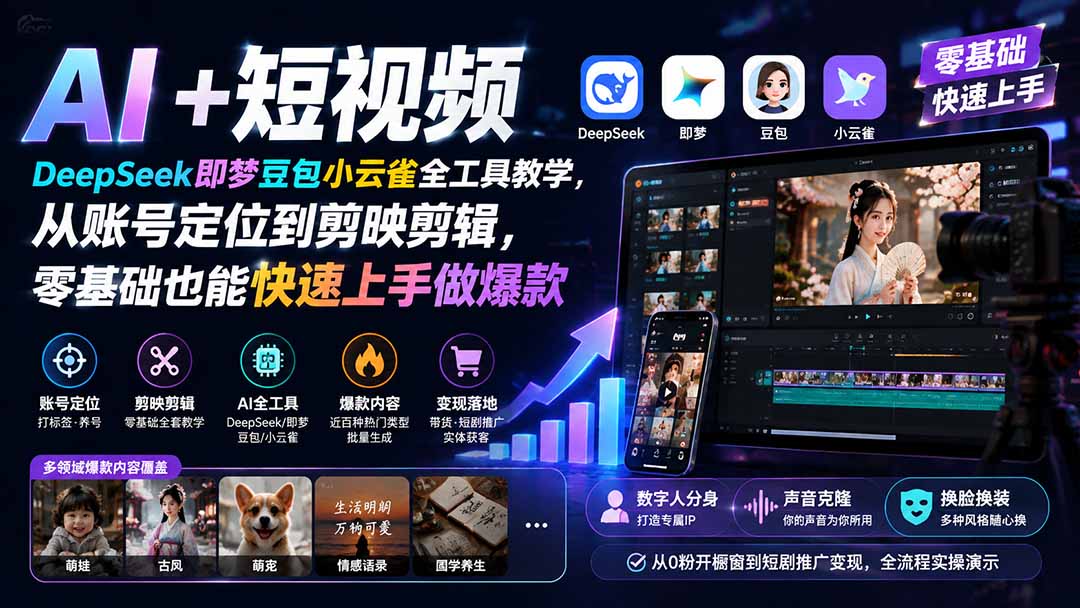  AI+短视频｜DeepSeek即梦豆包小云雀全工具教学，从账号定位到剪映剪辑，零基础也能快速上手做爆款