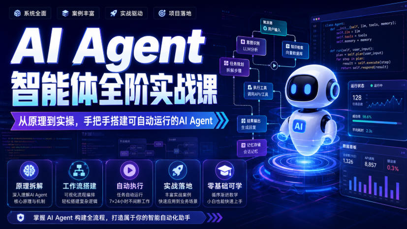AI Agent智能体全阶实战课,从原理到实操,手把手搭建可自动运行的AI Agent-800资源网