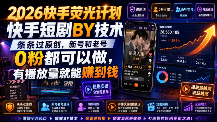 2026快手荧光计划，快手短剧搬运技术，条条过原创，新号和老号0粉都可以做，有播放量就能賺到钱-800资源网
