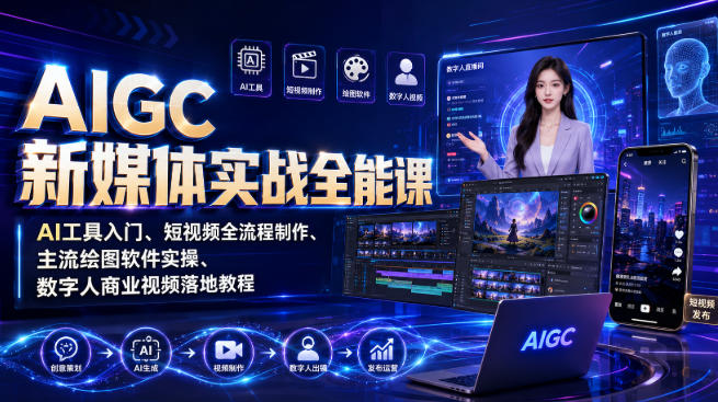AIGC新媒体实战全能课｜AI工具入门、短视频全流程制作、主流绘图软件实操、数字人商业视频落地教程-800资源网