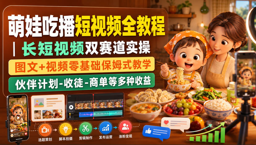 萌娃吃播短视频全教程｜长短视频双赛道实操，图文+视频零基础保姆式教学，伙伴计划-收徒-商单等多种变现方式-800资源网