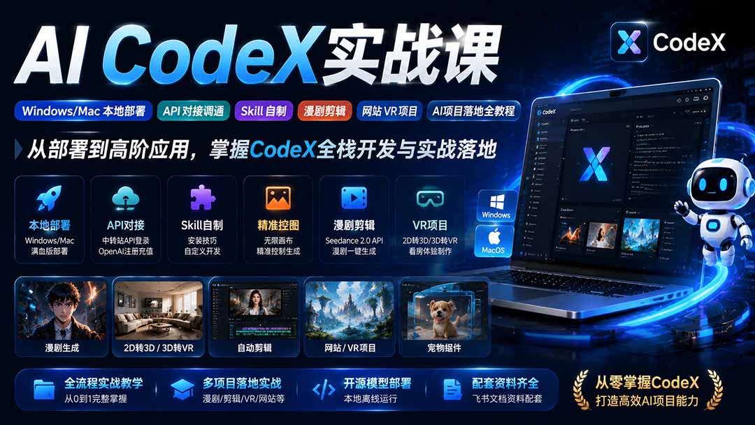 AI CodeX实战课|Windows/Mac 本地部署|API 对接调通|Skill 自制|漫剧剪辑|网站 VR 项目|AI项目落地全教程-800资源网