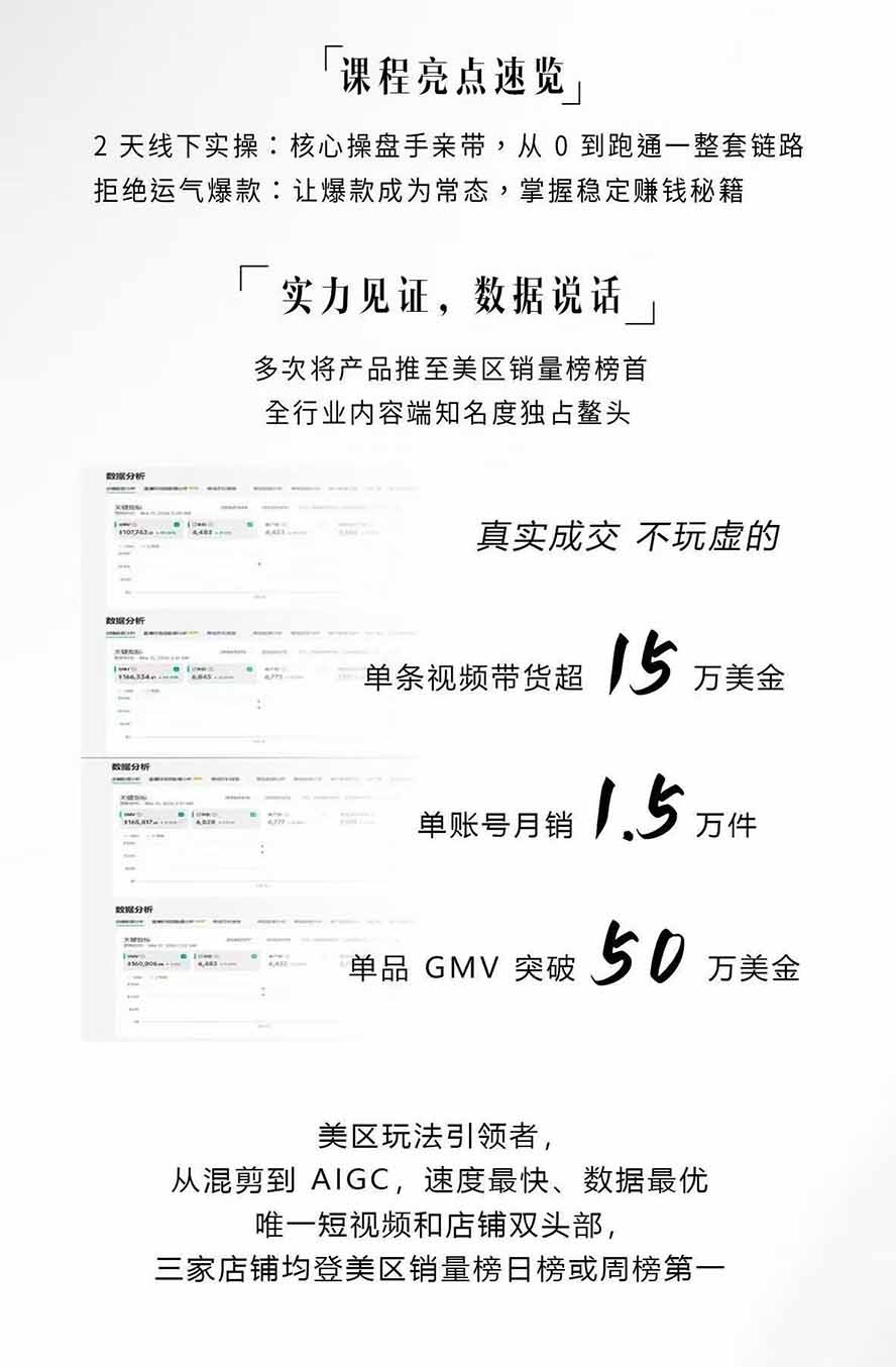 AIGC×TikTok美区短视频带货线下课;两天一夜完整回放,12小时高清视频收录头部操盘手全流程教学