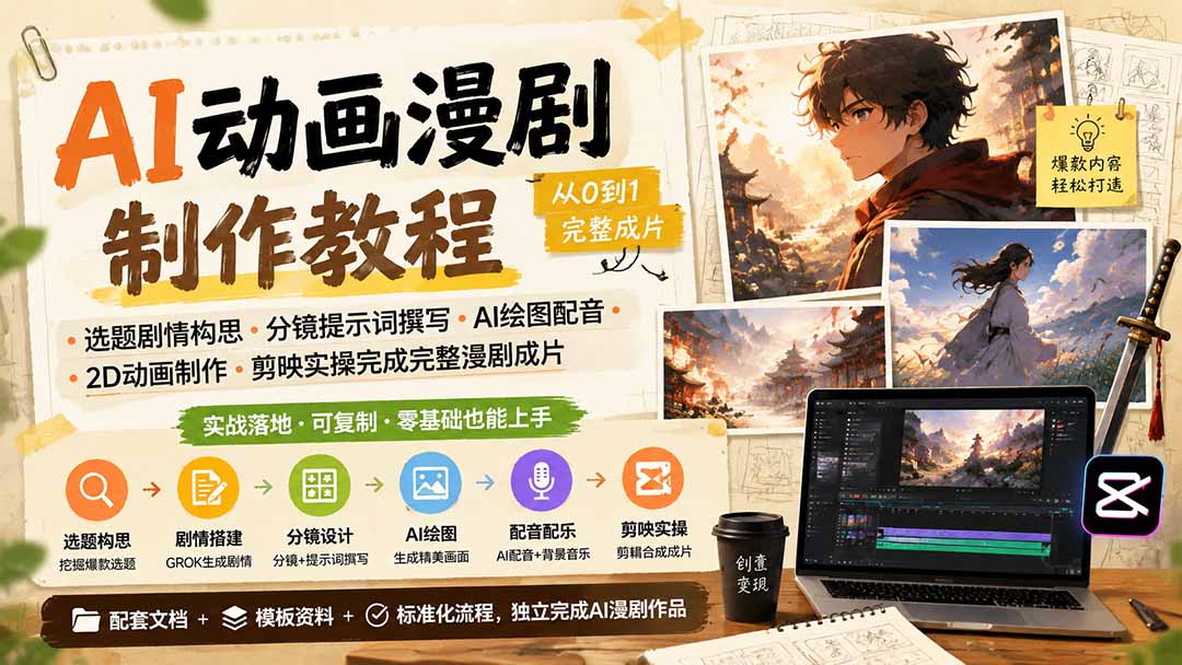 AI动画漫剧制作教程｜选题剧情构思·分镜提示词撰写·AI绘图配音·2D动画制作·剪映实操完成完整漫剧成片-800资源网