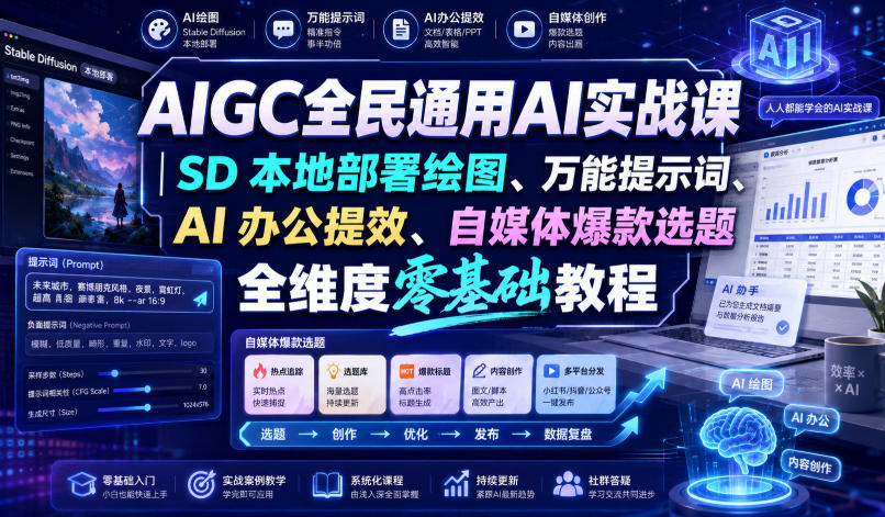 AIGC全民通用AI实战课|SD本地部署绘图、万能提示词、AI办公提效、自媒体爆款选题全维度零基础教程-800资源网