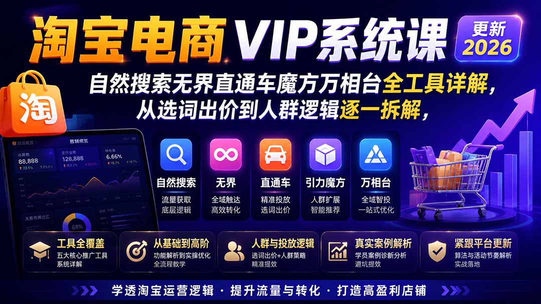 淘宝电商VIP系统课-更新8月；自然搜索无界直通车魔方万相台全工具详解，从选词出价到人群逻辑逐一拆解-800资源网