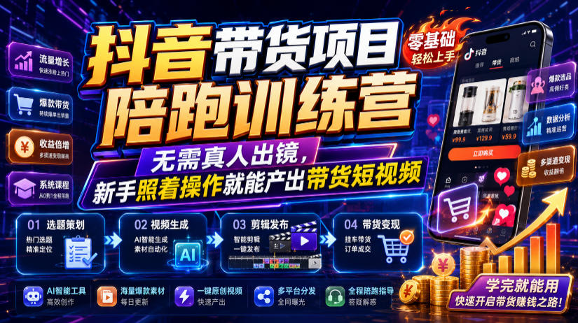 抖音带货项目陪跑训练营,无需真人出镜,新手照着操作就能产出带货短视频(更新0811)-800资源网