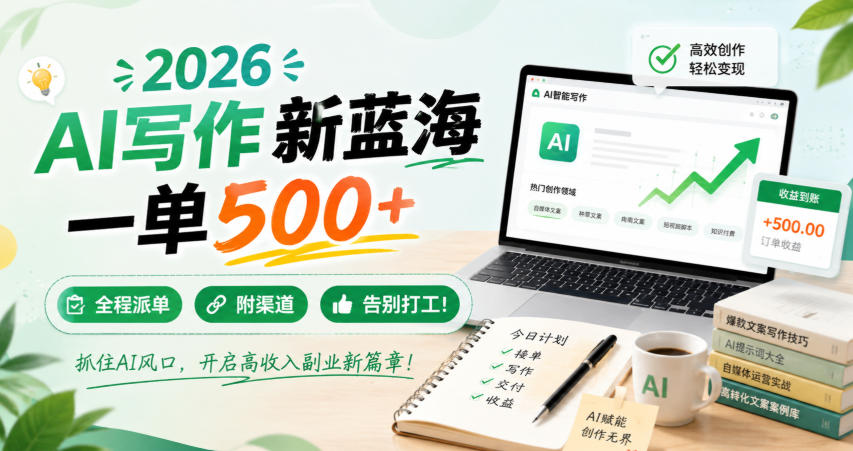 2026 AI写作新蓝海,一单500+,全程派单,附渠道,告别打工!-800资源网