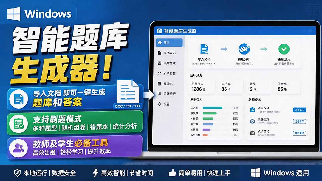 Windows 智能题库刷题软件!导入文档一键生成题库和答案,并支持刷题模式,教师及学生必备工具 原创-800资源网
