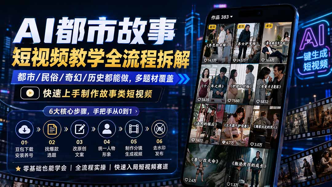 AI都市故事短视频教学全流程拆解;都市/民俗/奇幻/历史都能做多题材覆盖,快速上手制作故事类短视频-800资源网