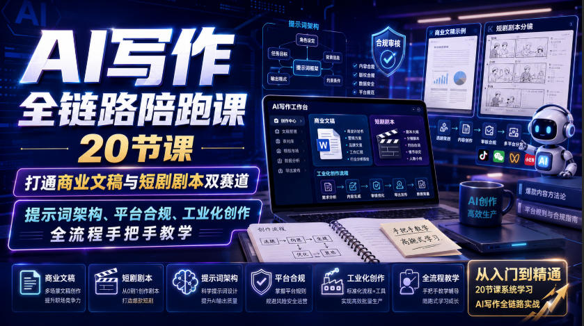 AI写作全链路陪跑课|20节课打通商业文稿与短剧剧本双赛道,提示词架构、平台合规、工业化创作全流程手把手教学-800资源网