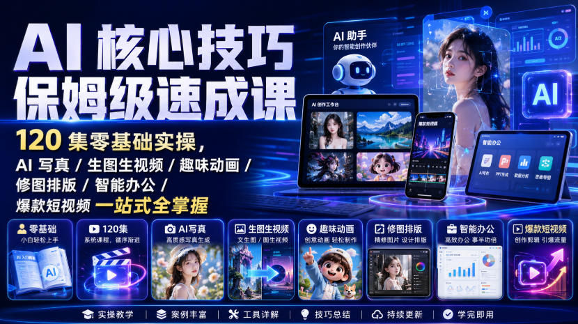 AI核心技巧保姆级速成课|120集零基础实操,AI写真/生图生视频/趣味动画/修图排版/智能办公/爆款短视频一站式全掌握-800资源网