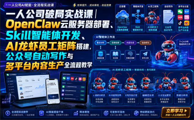 一人公司破局实战课|OpenClaw云服务器部署、Skill智能体开发、AI龙虾员工矩阵搭建,公众号自动写作与多平台内容生产全流程教学-800资源网