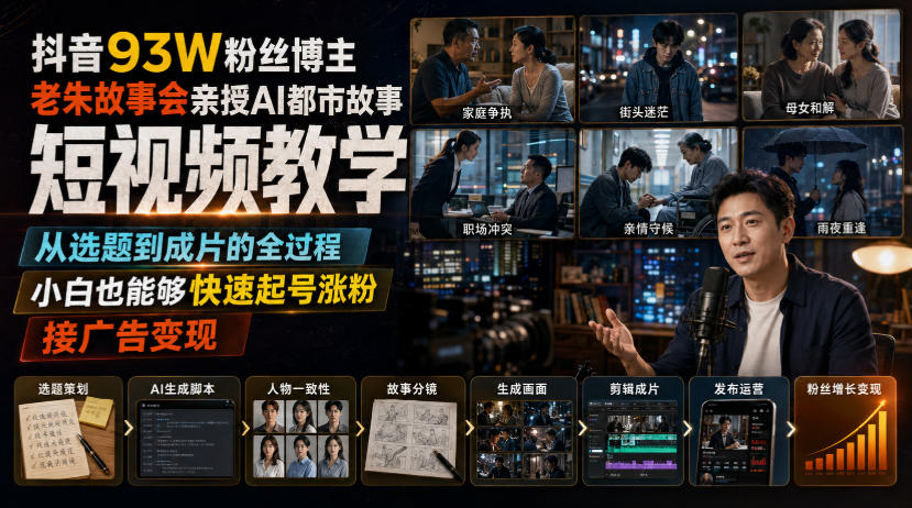 抖音93W粉丝博主老朱故事会亲授AI都市故事短视频教学,从选题到成片的全过程,小白也能够快速起号涨粉接广告变现-800资源网