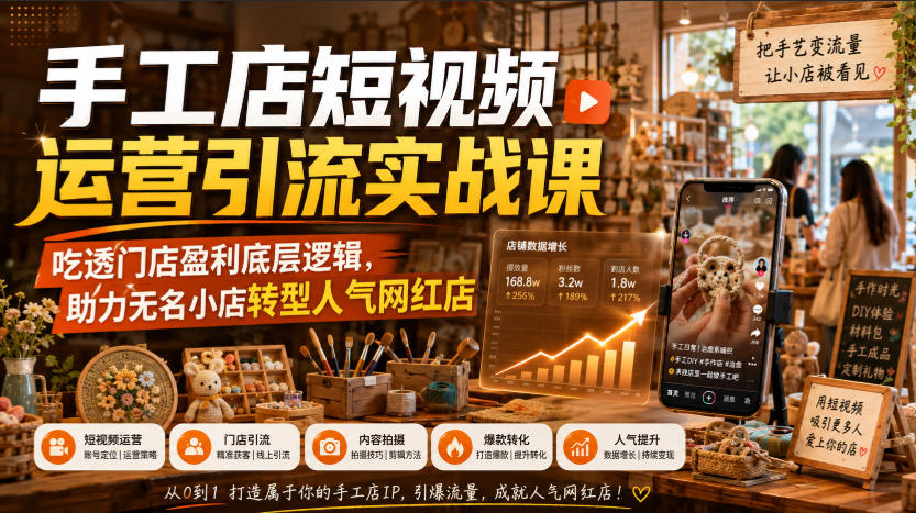 手工店短视频运营引流实战课，吃透门店盈利底层逻辑，助力无名小店转型人气网红店-800资源网