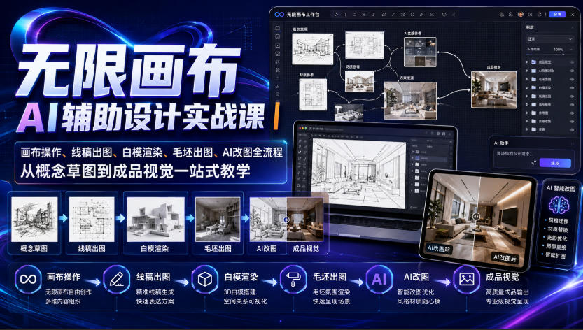 无限画布AI辅助设计实战课|画布操作、线稿出图、白模渲染、毛坯出图、AI改图全流程,从概念草图到成品视觉一站式教学-800资源网