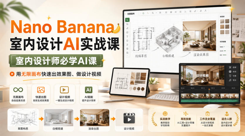 Nano Banana室内设计AI实战课,室内设计师必学AI课,用无限画布快速出效果图、做设计视频-800资源网