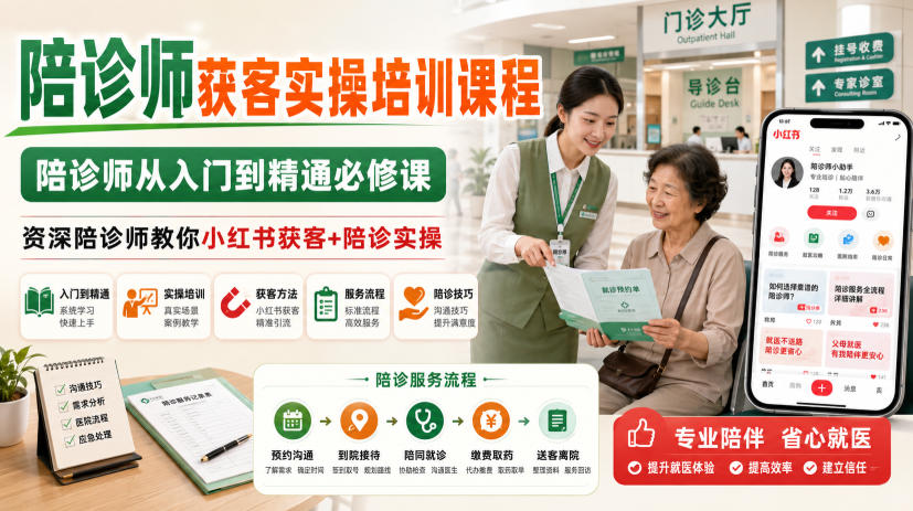陪诊师获客实操培训课程,陪诊师从入门到精通必修课,资深陪诊师教你小红书获客+陪诊实操-800资源网