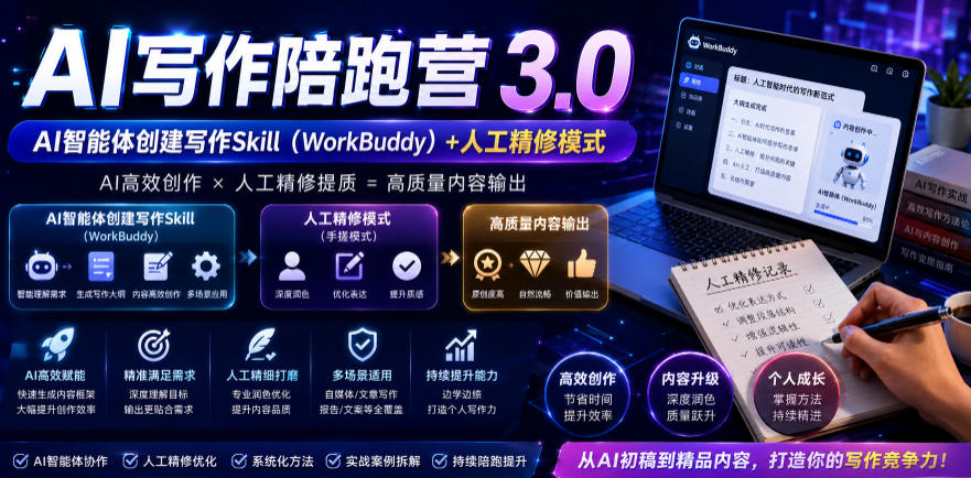 AI写作陪跑营3.0,Ai智能体创建写作skill(workbuddy)+人工手写模式(手搓模式),去除AI痕迹(头条号、公众号、百家号)(更新0814)-800资源网