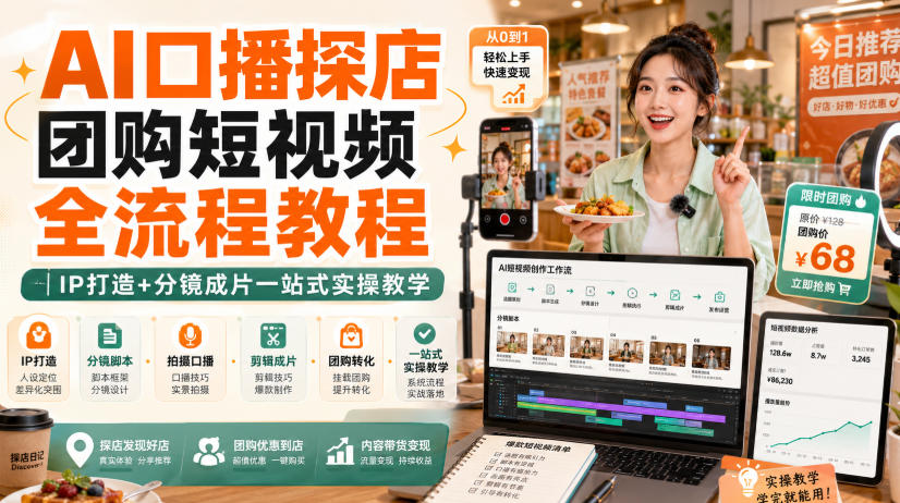 AI口播探店团购短视频全流程教程|IP打造+分镜成片一站式实操教学-800资源网