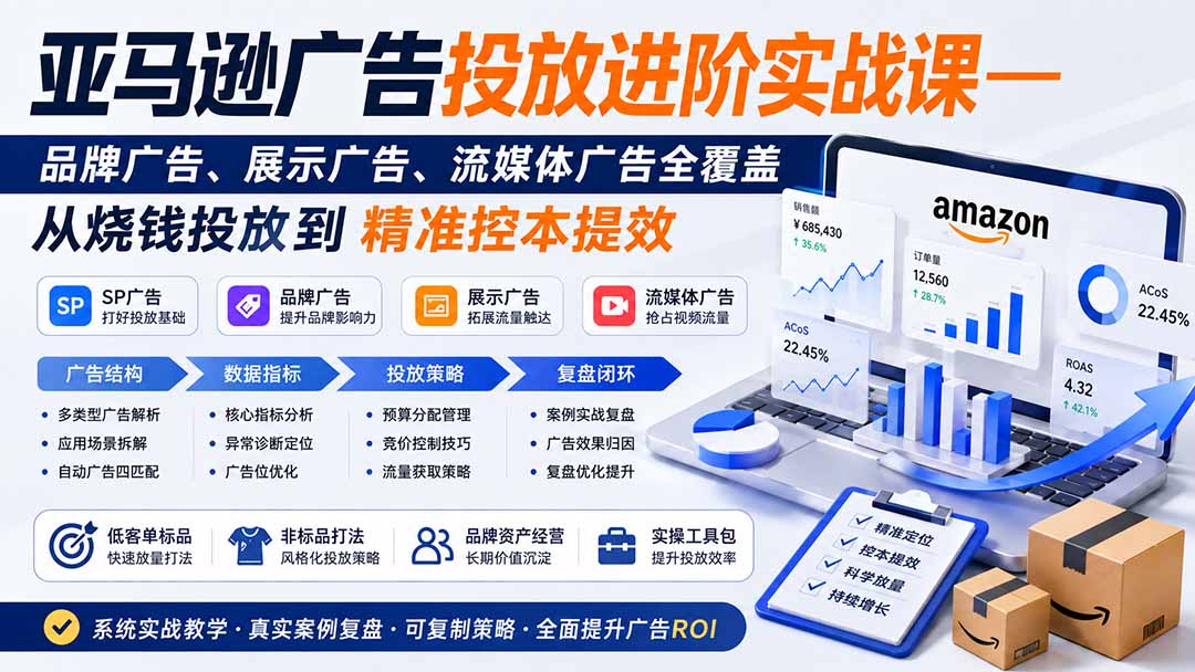 亚马逊广告投放进阶实战课——品牌广告、展示广告、流媒体广告全覆盖,从烧钱投放到精准控本提效-800资源网