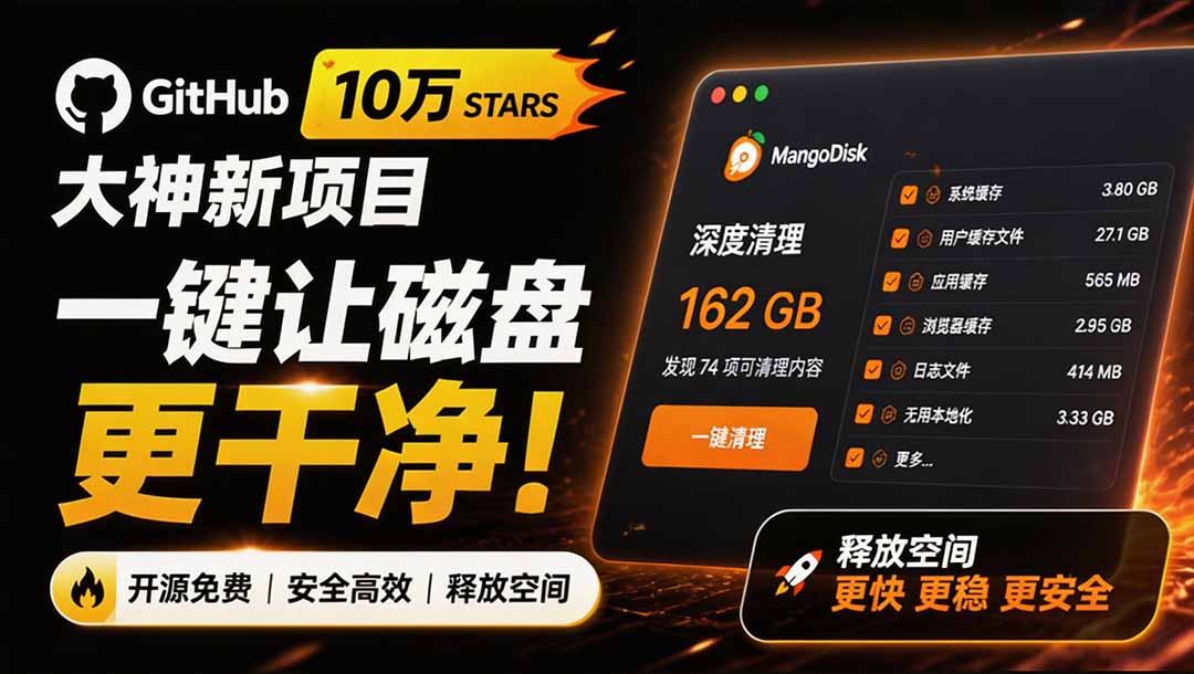 在Gtihub上做出10万 stars 的大神,又发布新项目了!一键让磁盘更干净,开源免费清理工具 MangoDisk-800资源网