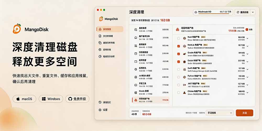 在Gtihub上做出10万 stars 的大神,又发布新项目了!一键让磁盘更干净,开源免费清理工具 MangoDisk
