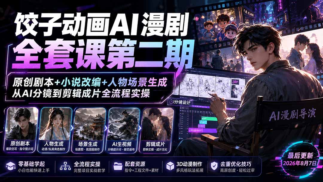 饺子动画AI漫剧全套课第二期:原创剧本+小说改编+人物场景生成,从AI分镜到剪辑成片全流程实操-800资源网