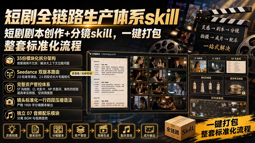 短剧全链路生产体系skill,短剧剧本创作+分镜skill,一键打包,整套标准化流程-800资源网